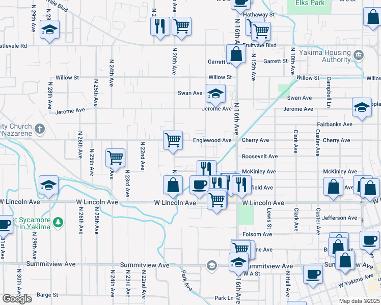 map of restaurants, bars, coffee shops, grocery stores, and more near 1809 Roosevelt Avenue in Yakima