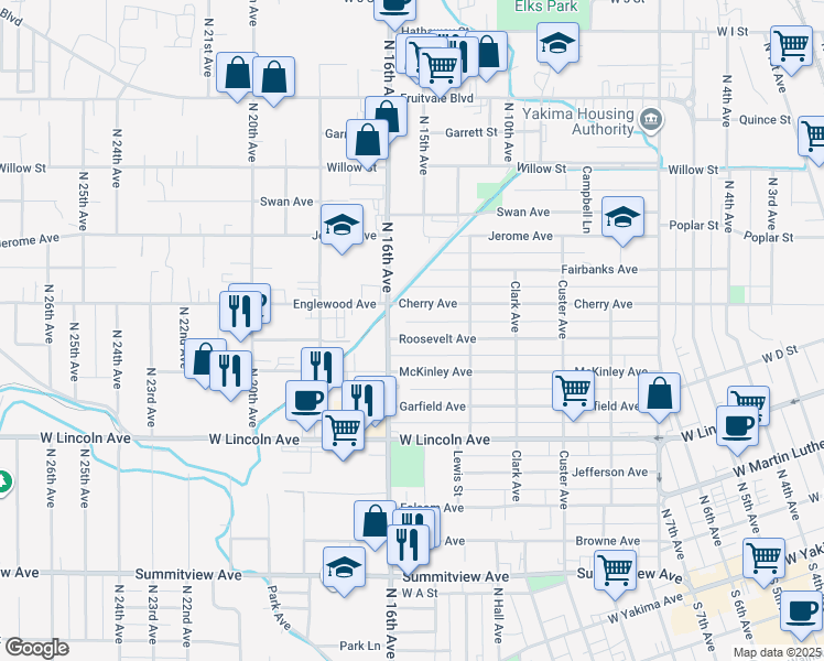 map of restaurants, bars, coffee shops, grocery stores, and more near 1523 Roosevelt Avenue in Yakima