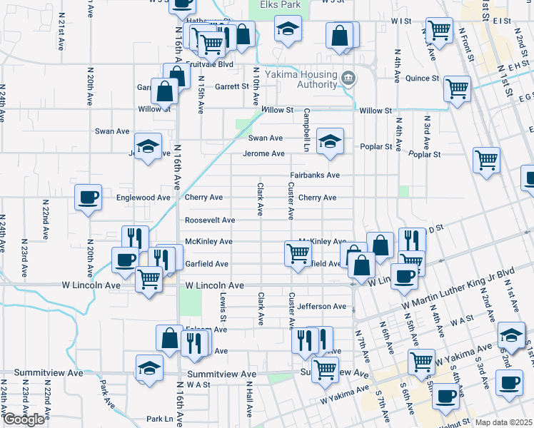 map of restaurants, bars, coffee shops, grocery stores, and more near 1317 Roosevelt Avenue in Yakima