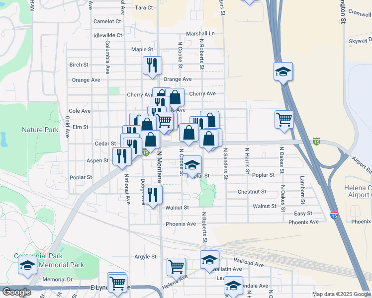 map of restaurants, bars, coffee shops, grocery stores, and more near 1301 Cedar Street in Helena