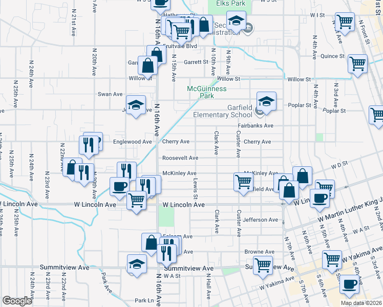 map of restaurants, bars, coffee shops, grocery stores, and more near 1503 Roosevelt Avenue in Yakima