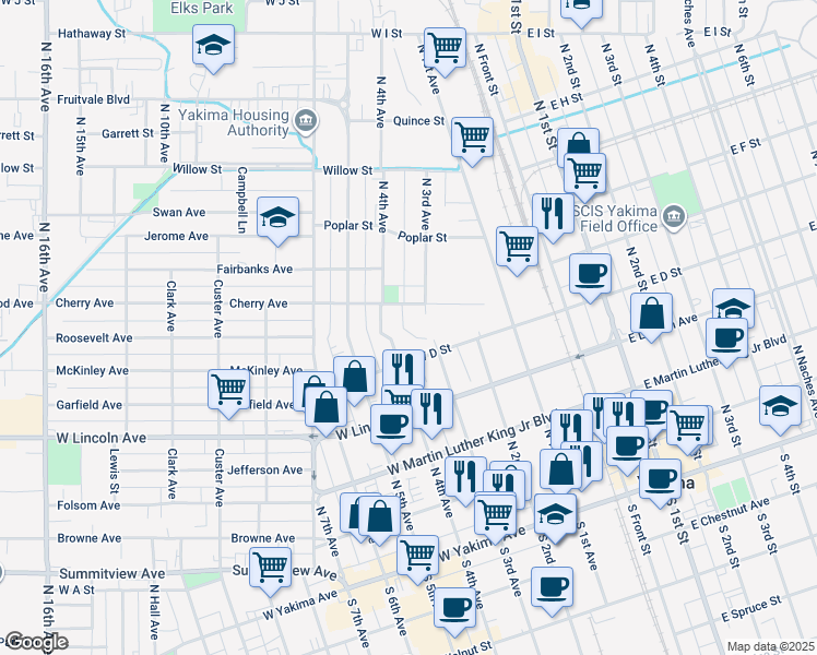 map of restaurants, bars, coffee shops, grocery stores, and more near 306 Cherry Avenue in Yakima