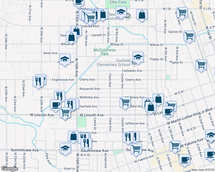 map of restaurants, bars, coffee shops, grocery stores, and more near 1411 Roosevelt Avenue in Yakima