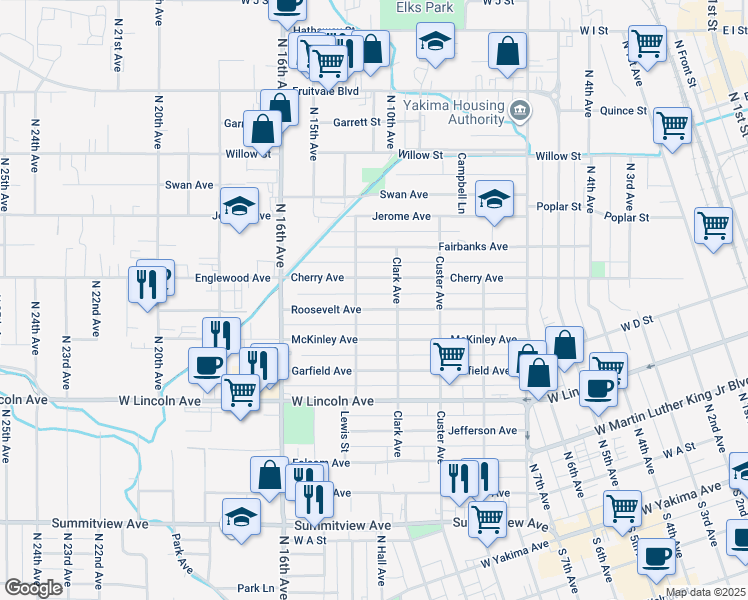 map of restaurants, bars, coffee shops, grocery stores, and more near 1411 Roosevelt Avenue in Yakima