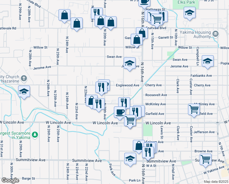 map of restaurants, bars, coffee shops, grocery stores, and more near 1809 Roosevelt Avenue in Yakima