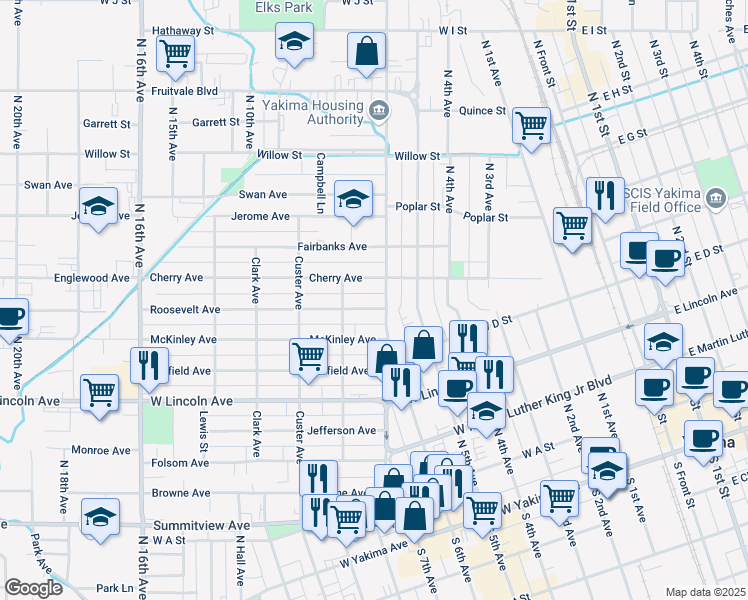 map of restaurants, bars, coffee shops, grocery stores, and more near 1105 Roosevelt Ave in Yakima