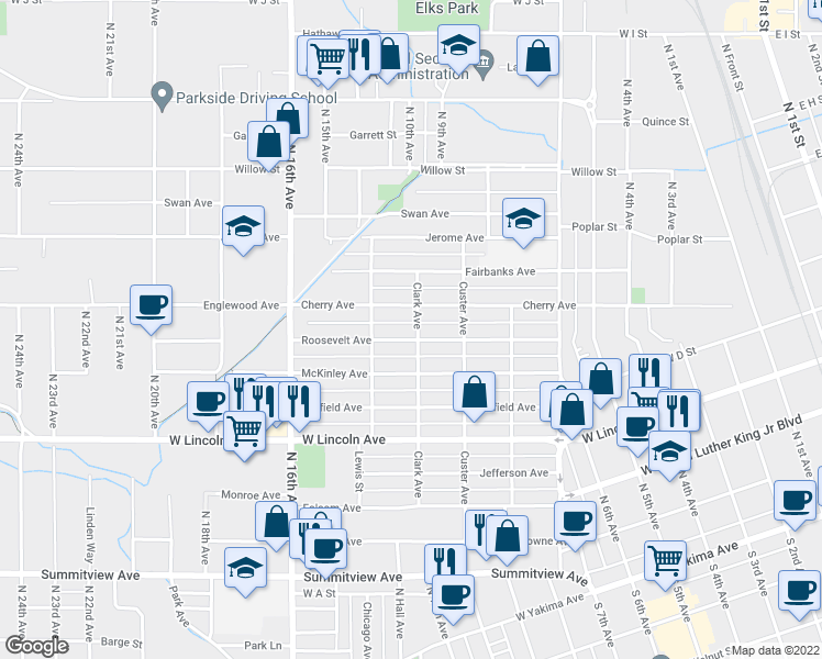 map of restaurants, bars, coffee shops, grocery stores, and more near 1401 Roosevelt Avenue in Yakima