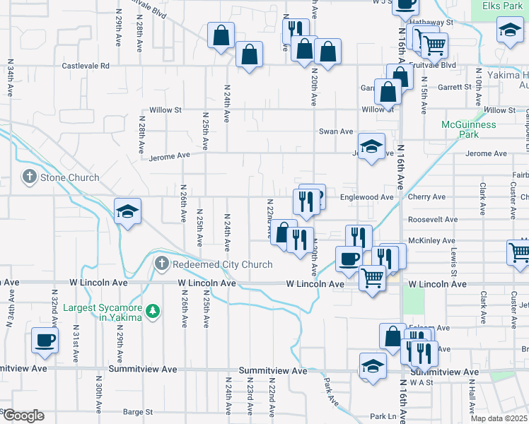 map of restaurants, bars, coffee shops, grocery stores, and more near 516 N 22nd Ave in Yakima