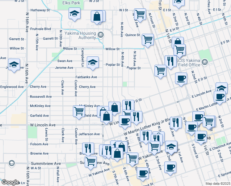 map of restaurants, bars, coffee shops, grocery stores, and more near 506 North 4th Avenue in Yakima