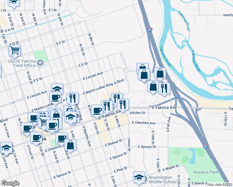 map of restaurants, bars, coffee shops, grocery stores, and more near 104 North 9th Street in Yakima