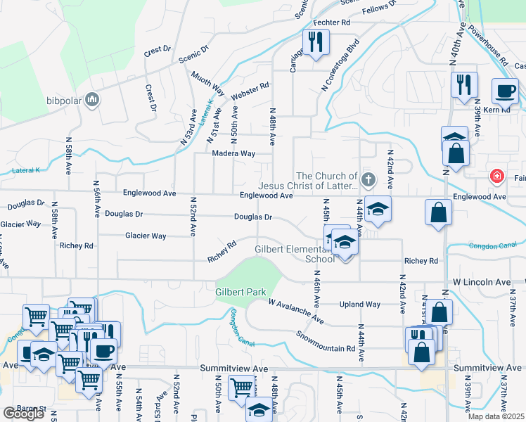 map of restaurants, bars, coffee shops, grocery stores, and more near 4809 Douglas Drive in Yakima