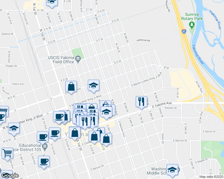 map of restaurants, bars, coffee shops, grocery stores, and more near 201 North Naches Avenue in Yakima