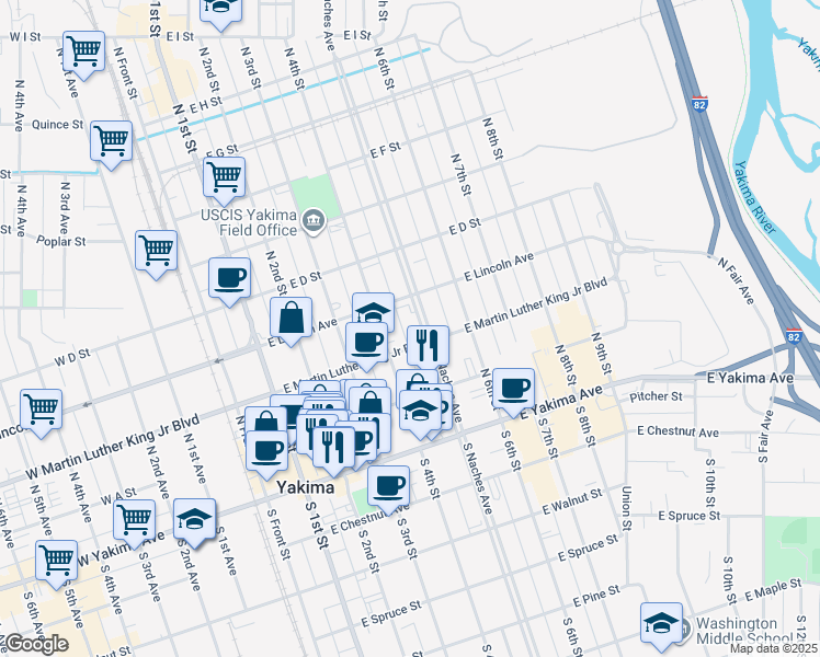 map of restaurants, bars, coffee shops, grocery stores, and more near 209 N 4th St in Yakima