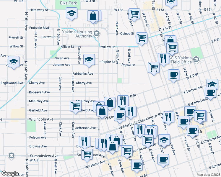 map of restaurants, bars, coffee shops, grocery stores, and more near 506 North 4th Avenue in Yakima