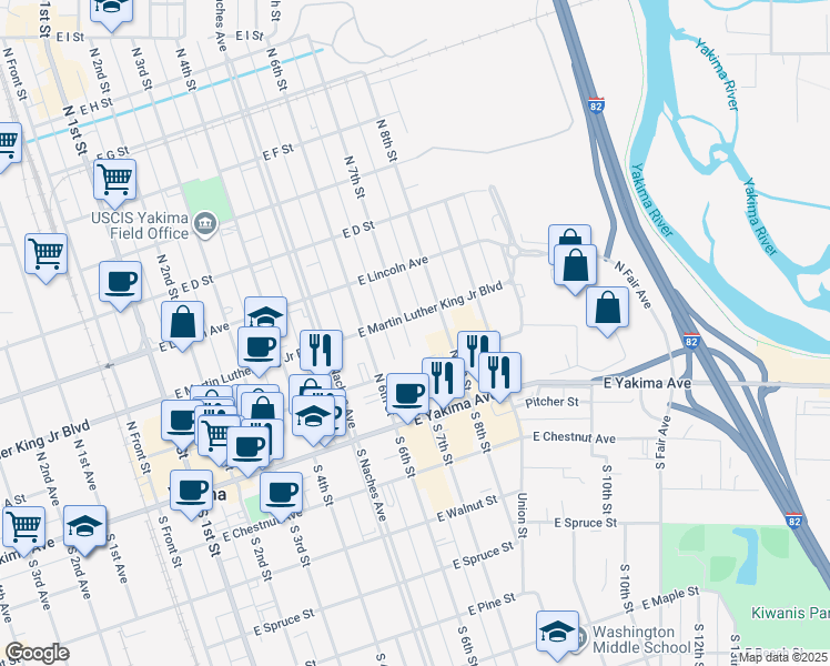 map of restaurants, bars, coffee shops, grocery stores, and more near 111 North 7th Street in Yakima