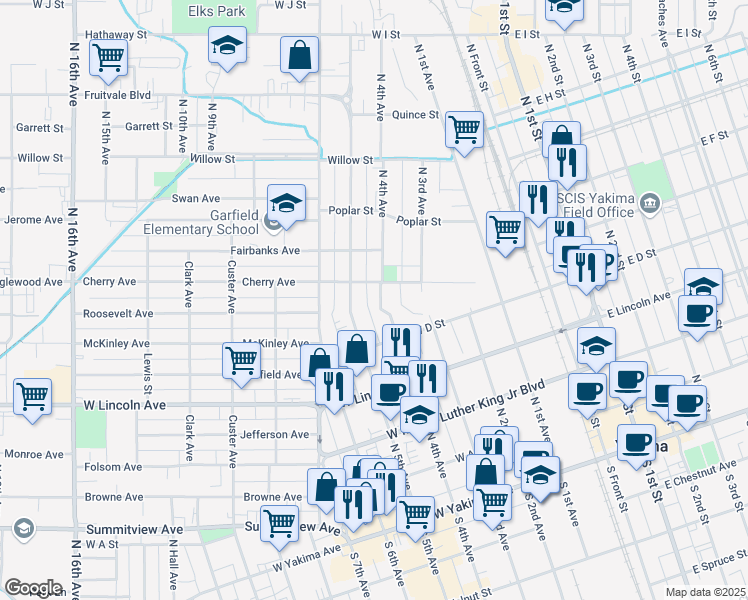 map of restaurants, bars, coffee shops, grocery stores, and more near 506 North 4th Avenue in Yakima