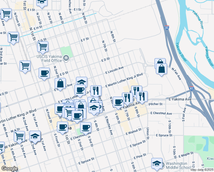 map of restaurants, bars, coffee shops, grocery stores, and more near 600 East Martin Luther King Junior Boulevard in Yakima