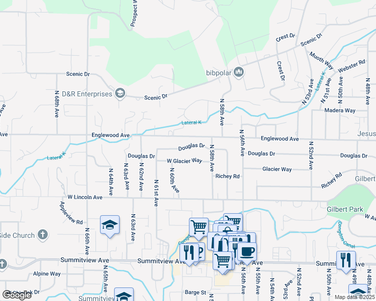 map of restaurants, bars, coffee shops, grocery stores, and more near 5904 Douglas Dr in Yakima