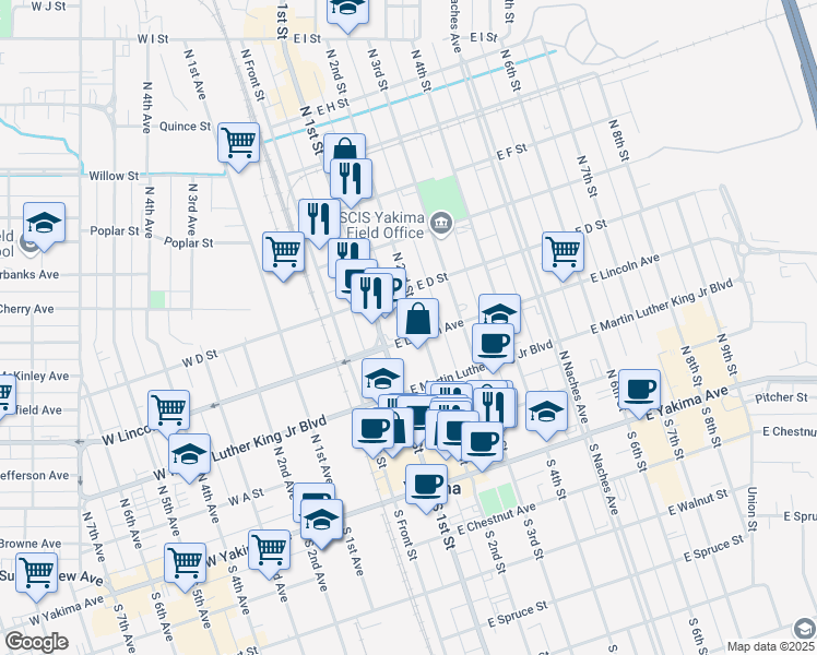 map of restaurants, bars, coffee shops, grocery stores, and more near 304 North 2nd Street in Yakima