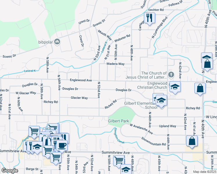 map of restaurants, bars, coffee shops, grocery stores, and more near 5101 Douglas Drive in Yakima