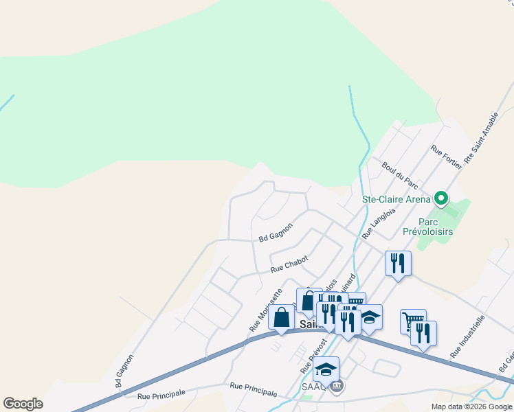 map of restaurants, bars, coffee shops, grocery stores, and more near 40 Rue Audet in Sainte-Claire