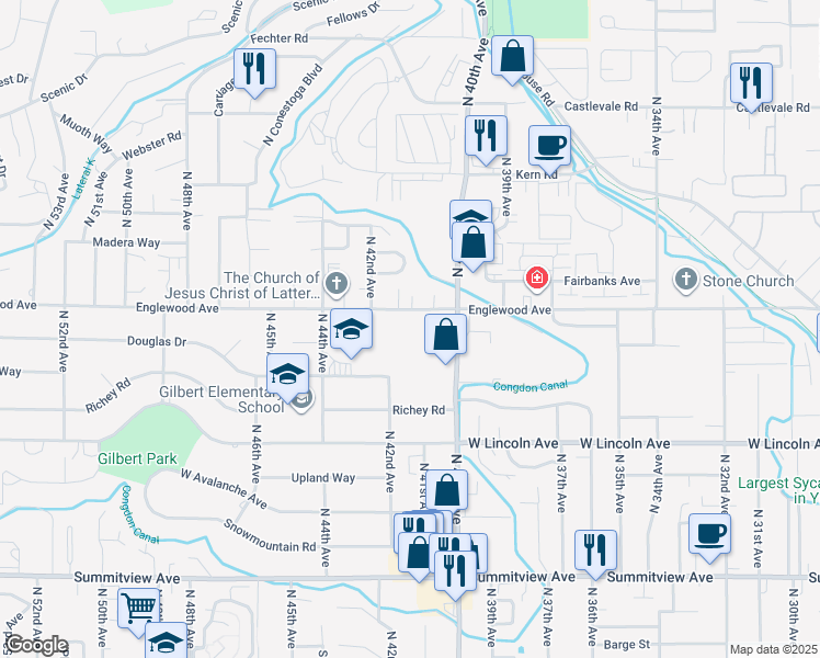 map of restaurants, bars, coffee shops, grocery stores, and more near 4100 Englewood Avenue in Yakima