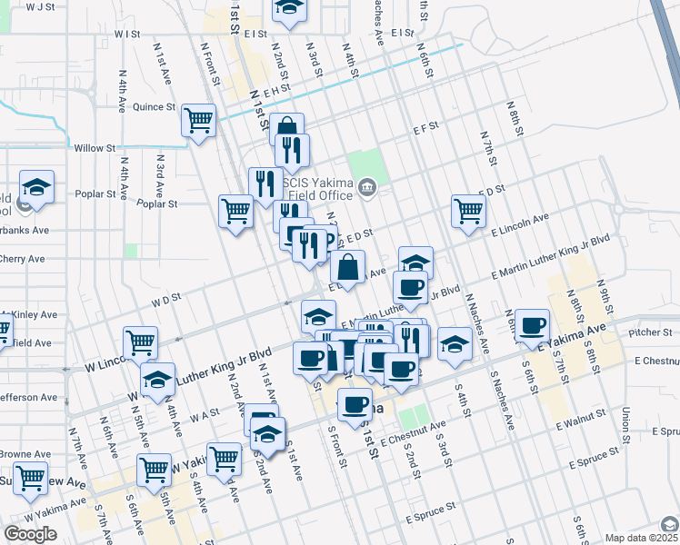 map of restaurants, bars, coffee shops, grocery stores, and more near 304 North 2nd Street in Yakima
