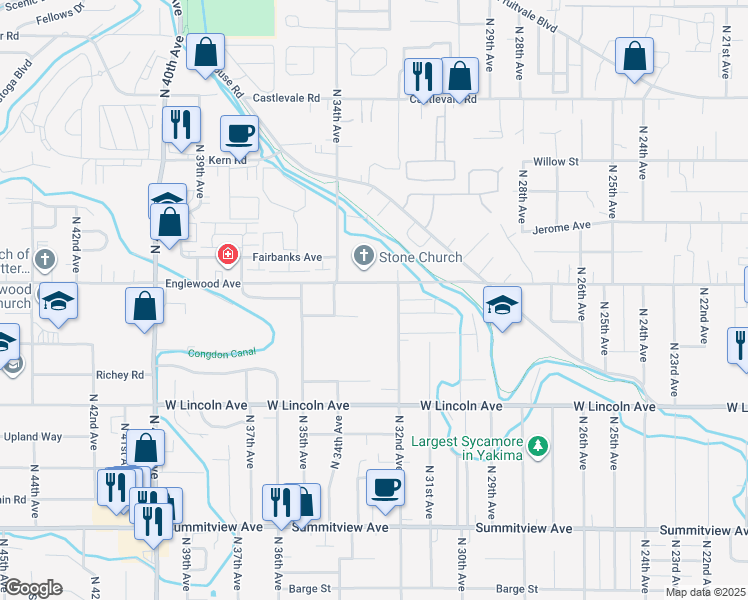 map of restaurants, bars, coffee shops, grocery stores, and more near 622 North 32nd Avenue in Yakima