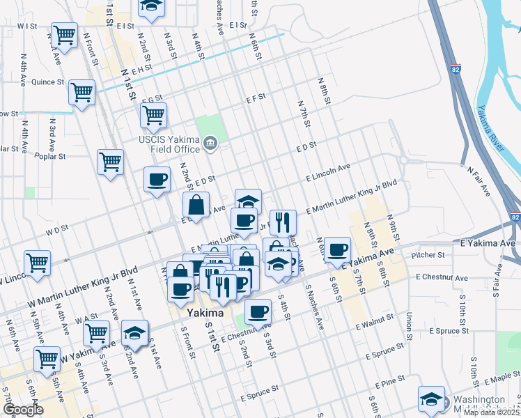 map of restaurants, bars, coffee shops, grocery stores, and more near 209 North 4th Street in Yakima