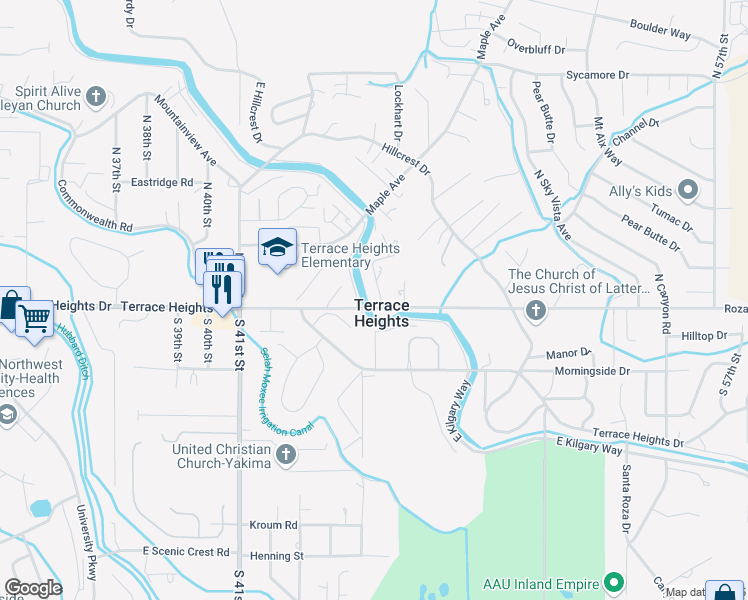 map of restaurants, bars, coffee shops, grocery stores, and more near 4503 Roza Hill Drive in Yakima