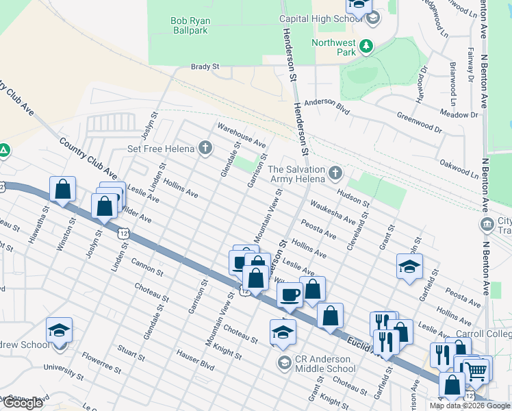 map of restaurants, bars, coffee shops, grocery stores, and more near 1517 Peosta Avenue in Helena