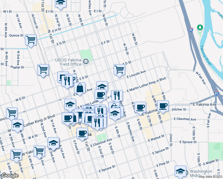 map of restaurants, bars, coffee shops, grocery stores, and more near 208 North Naches Avenue in Yakima