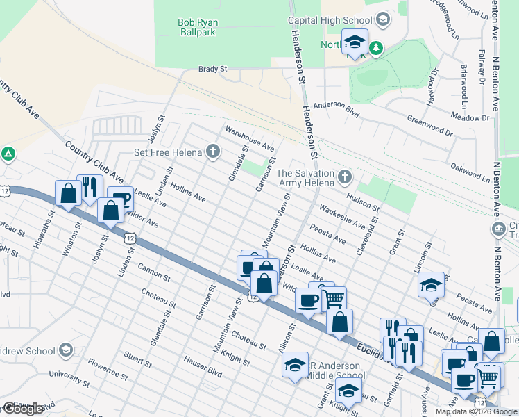 map of restaurants, bars, coffee shops, grocery stores, and more near 1517 Peosta Avenue in Helena