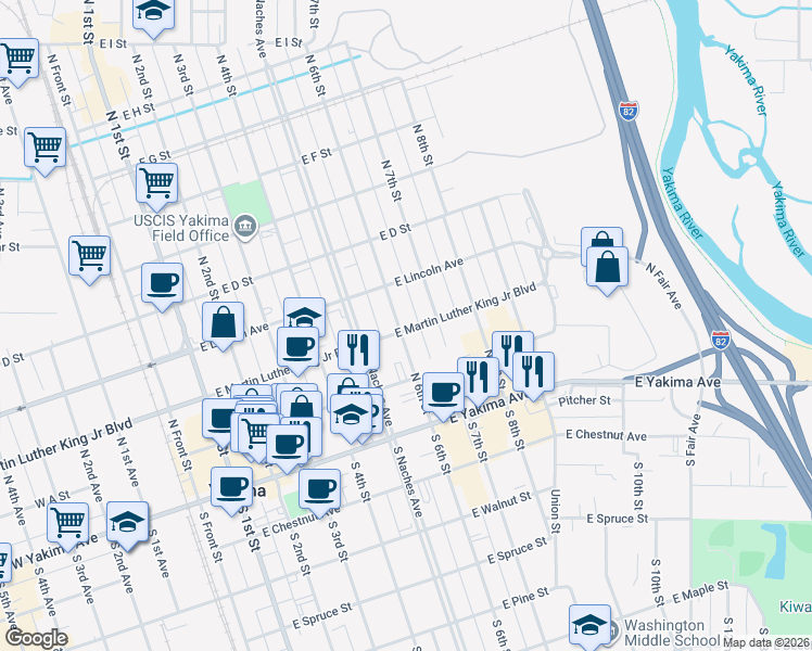 map of restaurants, bars, coffee shops, grocery stores, and more near 600-726 East Martin Luther King Junior Boulevard in Yakima