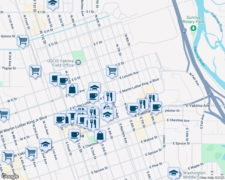 map of restaurants, bars, coffee shops, grocery stores, and more near 201 North Naches Avenue in Yakima