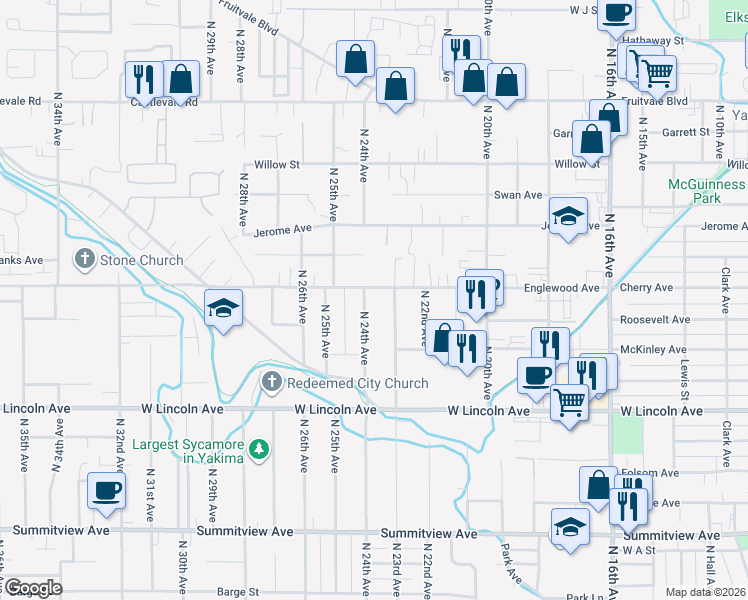 map of restaurants, bars, coffee shops, grocery stores, and more near 518 North 23rd Avenue in Yakima