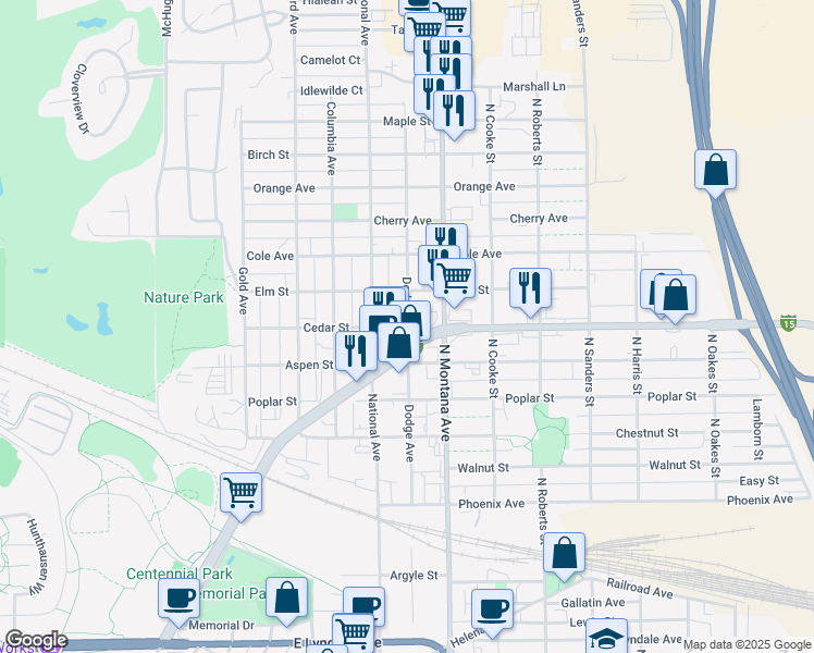 map of restaurants, bars, coffee shops, grocery stores, and more near 1201 Cedar Street in Helena