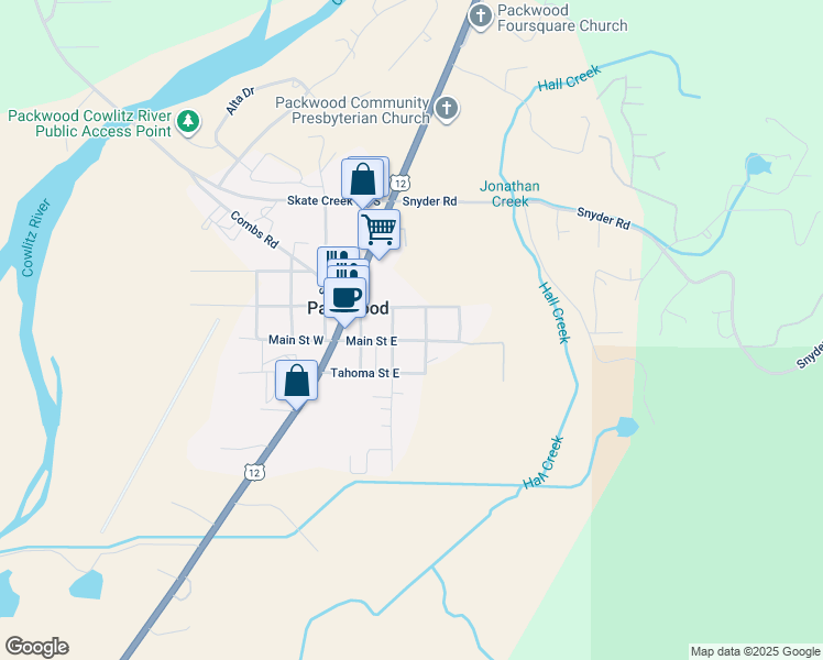 map of restaurants, bars, coffee shops, grocery stores, and more near 129 Main Street West in Packwood