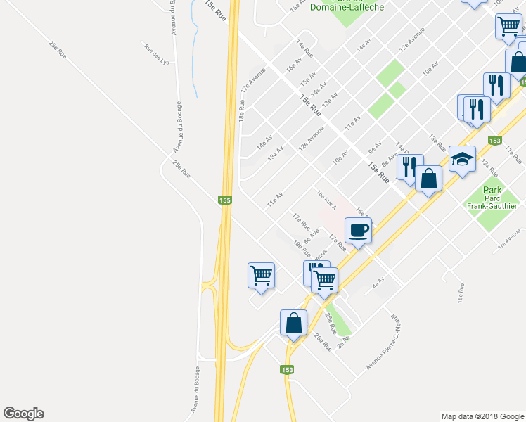 map of restaurants, bars, coffee shops, grocery stores, and more near 18e Rue in Shawinigan