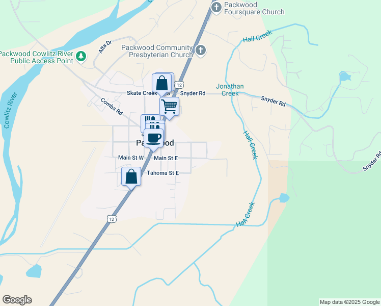 map of restaurants, bars, coffee shops, grocery stores, and more near 129 Main Street West in Packwood