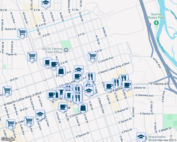 map of restaurants, bars, coffee shops, grocery stores, and more near 208 North Naches Avenue in Yakima