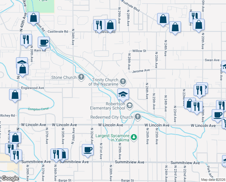 map of restaurants, bars, coffee shops, grocery stores, and more near Powerhouse Canal Trail in Yakima