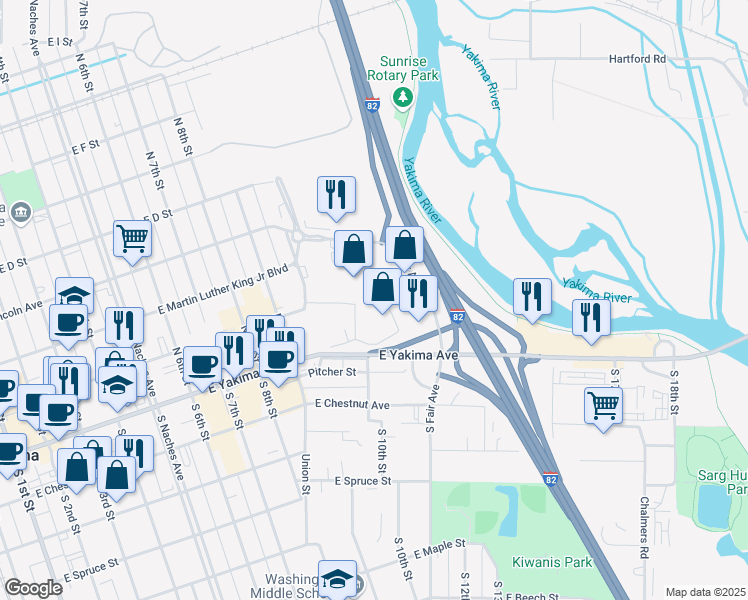 map of restaurants, bars, coffee shops, grocery stores, and more near 110 North Fair Avenue in Yakima