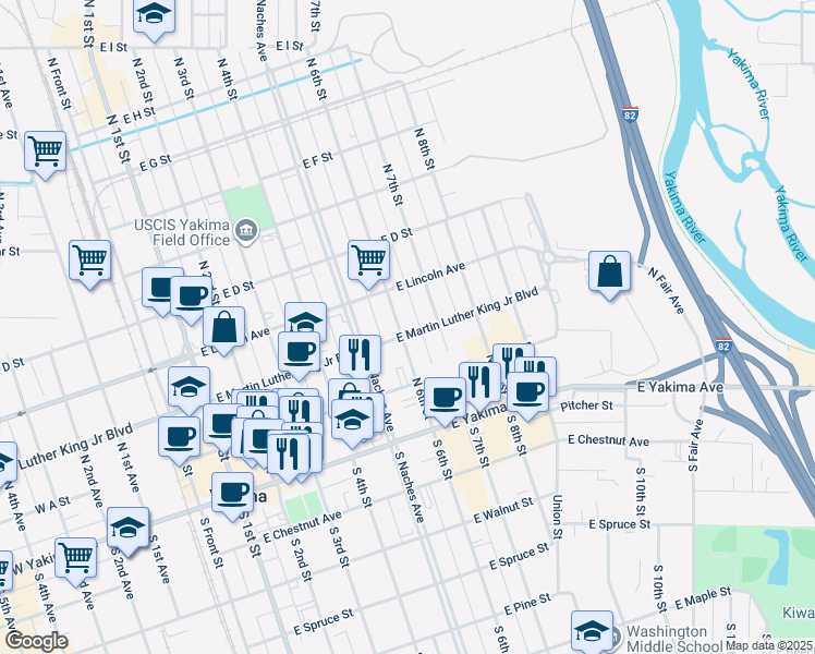 map of restaurants, bars, coffee shops, grocery stores, and more near 600-726 East Martin Luther King Junior Boulevard in Yakima