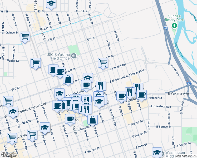 map of restaurants, bars, coffee shops, grocery stores, and more near 201 North Naches Avenue in Yakima
