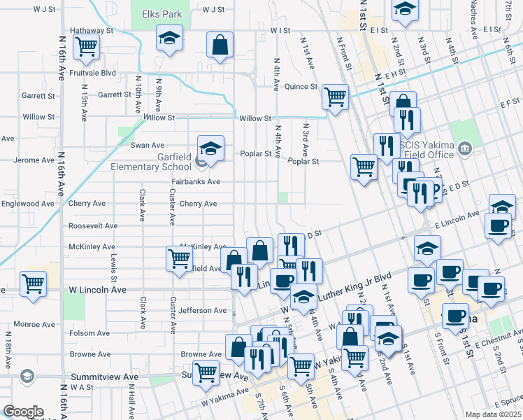 map of restaurants, bars, coffee shops, grocery stores, and more near 506 North 4th Avenue in Yakima