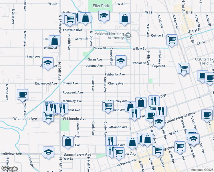 map of restaurants, bars, coffee shops, grocery stores, and more near 1219 Roosevelt Avenue in Yakima