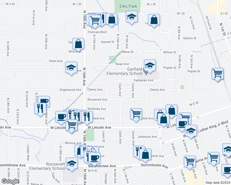 map of restaurants, bars, coffee shops, grocery stores, and more near 1411 Roosevelt Avenue in Yakima