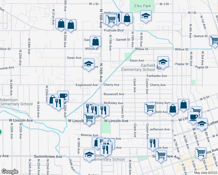 map of restaurants, bars, coffee shops, grocery stores, and more near 1523 Roosevelt Avenue in Yakima