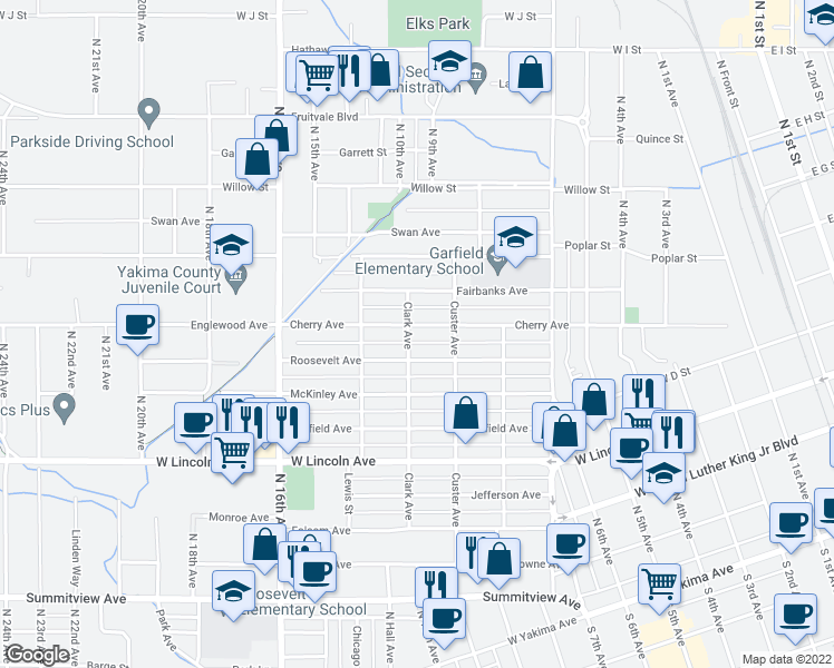 map of restaurants, bars, coffee shops, grocery stores, and more near 1318 Cherry Avenue in Yakima